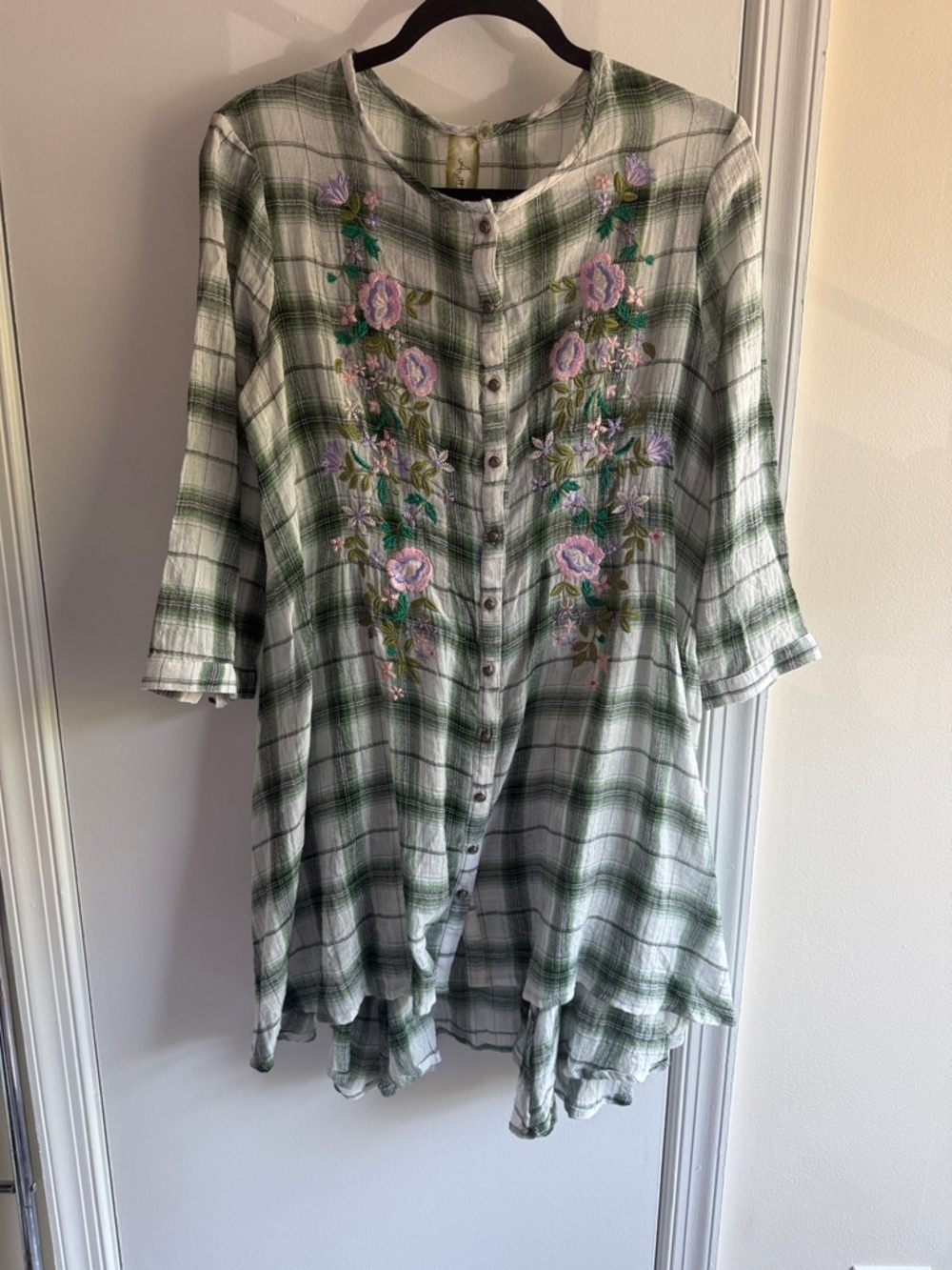 Boho Green Plaid Embroidered Long Sleeve Dress
